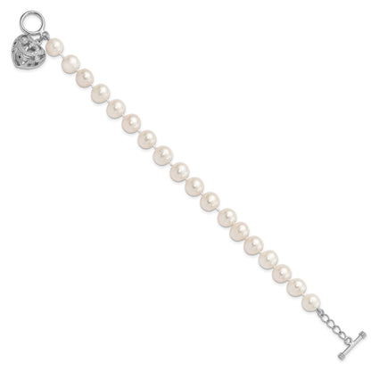 7.5 Inch Sterling Silver Rhodium-Plt 8-9mm White Fwc Pearl Heart Toggle Bracelet