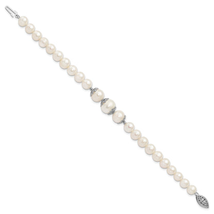 Sterling Silver Rhodium-Plated Fancy Filigree Spacers And 7-10mm White Freshwater Cultured Pearl 7 Inch Bracelet