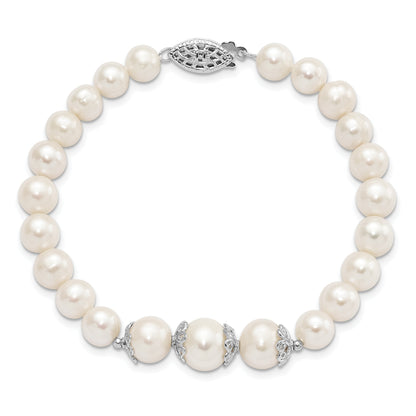 Sterling Silver Rhodium-Plated Fancy Filigree Spacers And 7-10mm White Freshwater Cultured Pearl 7 Inch Bracelet