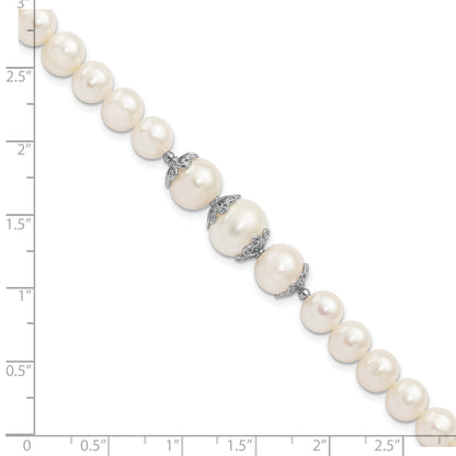 Sterling Silver Rhodium-Plated Fancy Filigree Spacers And 7-10mm White Freshwater Cultured Pearl 7 Inch Bracelet