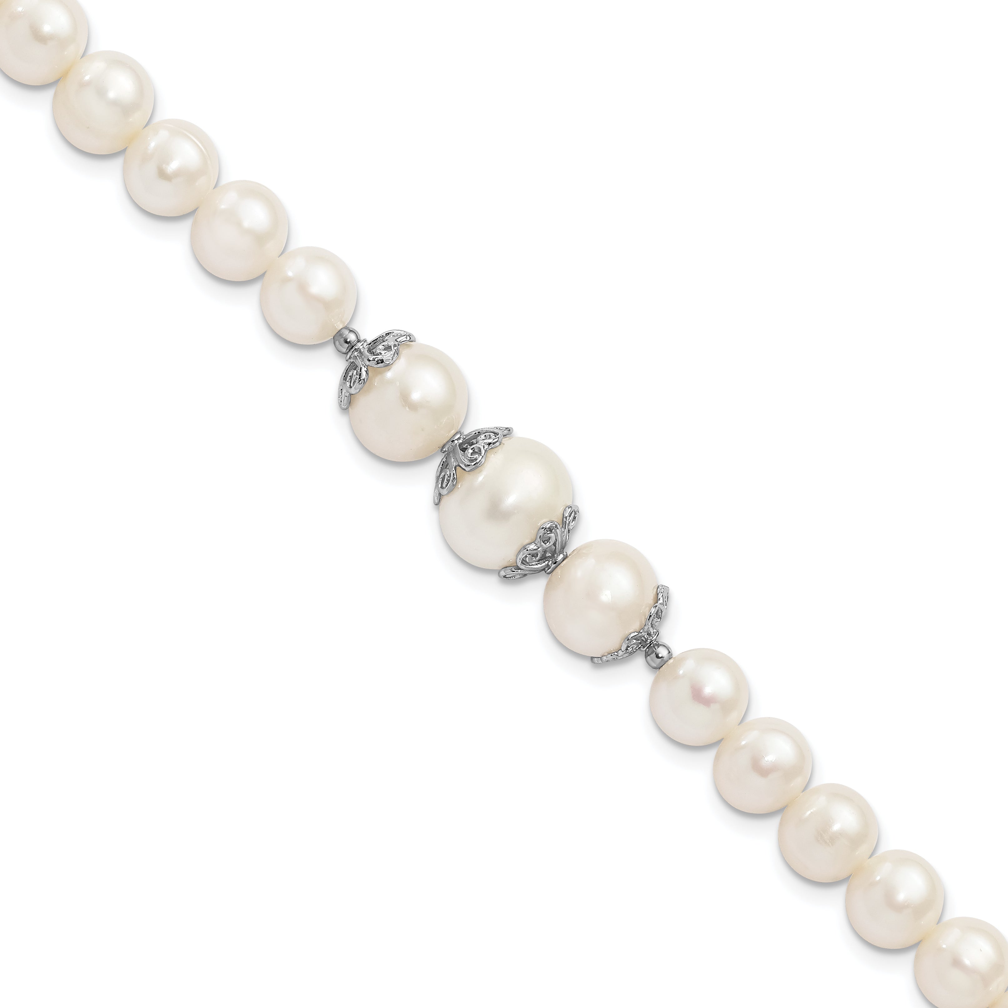 Sterling Silver Rhodium-Plated Fancy Filigree Spacers And 7-10mm White Freshwater Cultured Pearl 7 Inch Bracelet