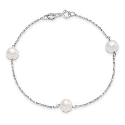 7.5 Inch Sterling Silver Rh-Plated 3-Stat 7-8mm White Semi-Round Fwc Pearl Bracelet