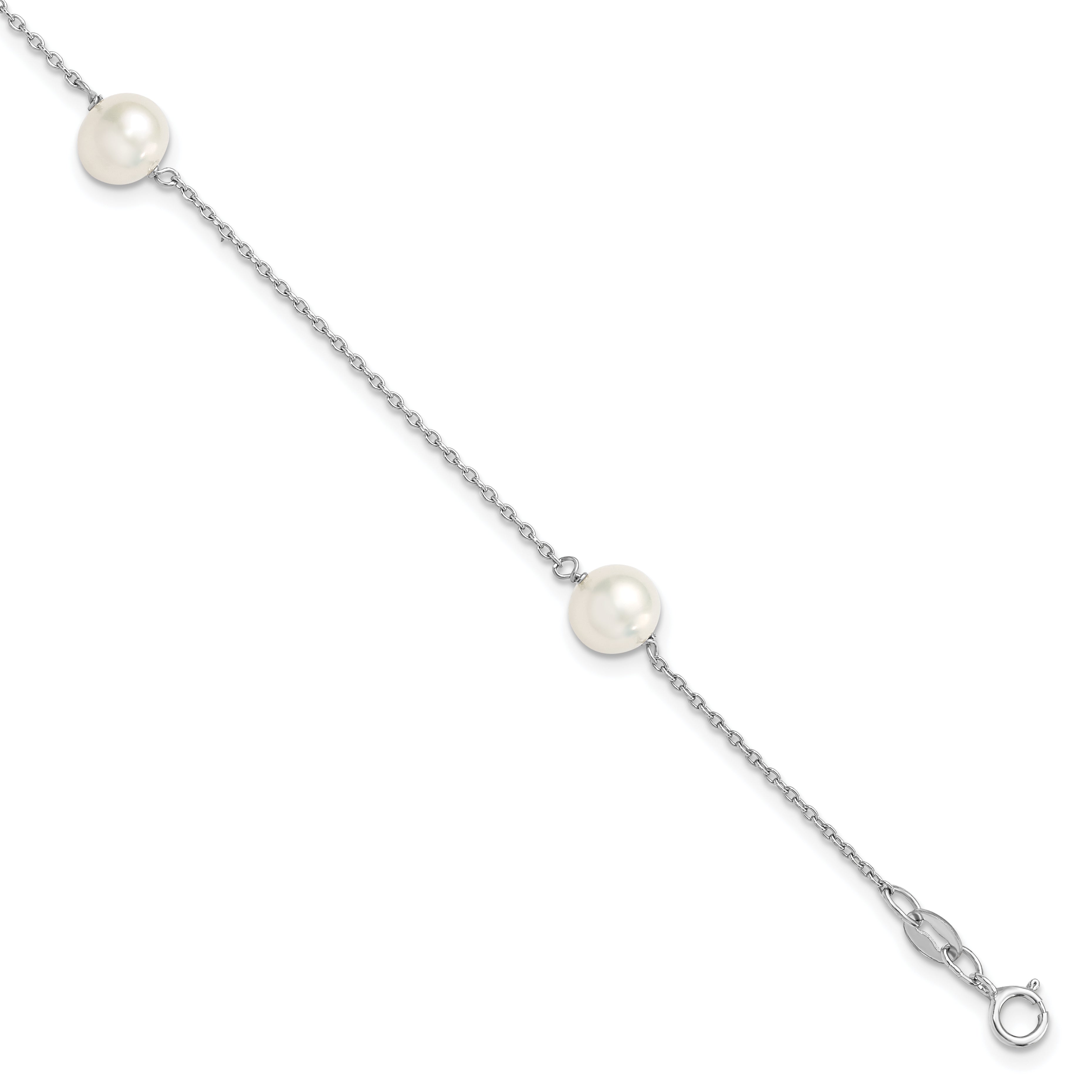 7.5 Inch Sterling Silver Rh-Plated 3-Stat 7-8mm White Semi-Round Fwc Pearl Bracelet