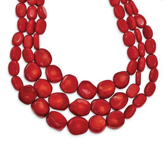 Sterling Silver Triple Strand Red Coral 16 Inch Necklace With 2 Extension