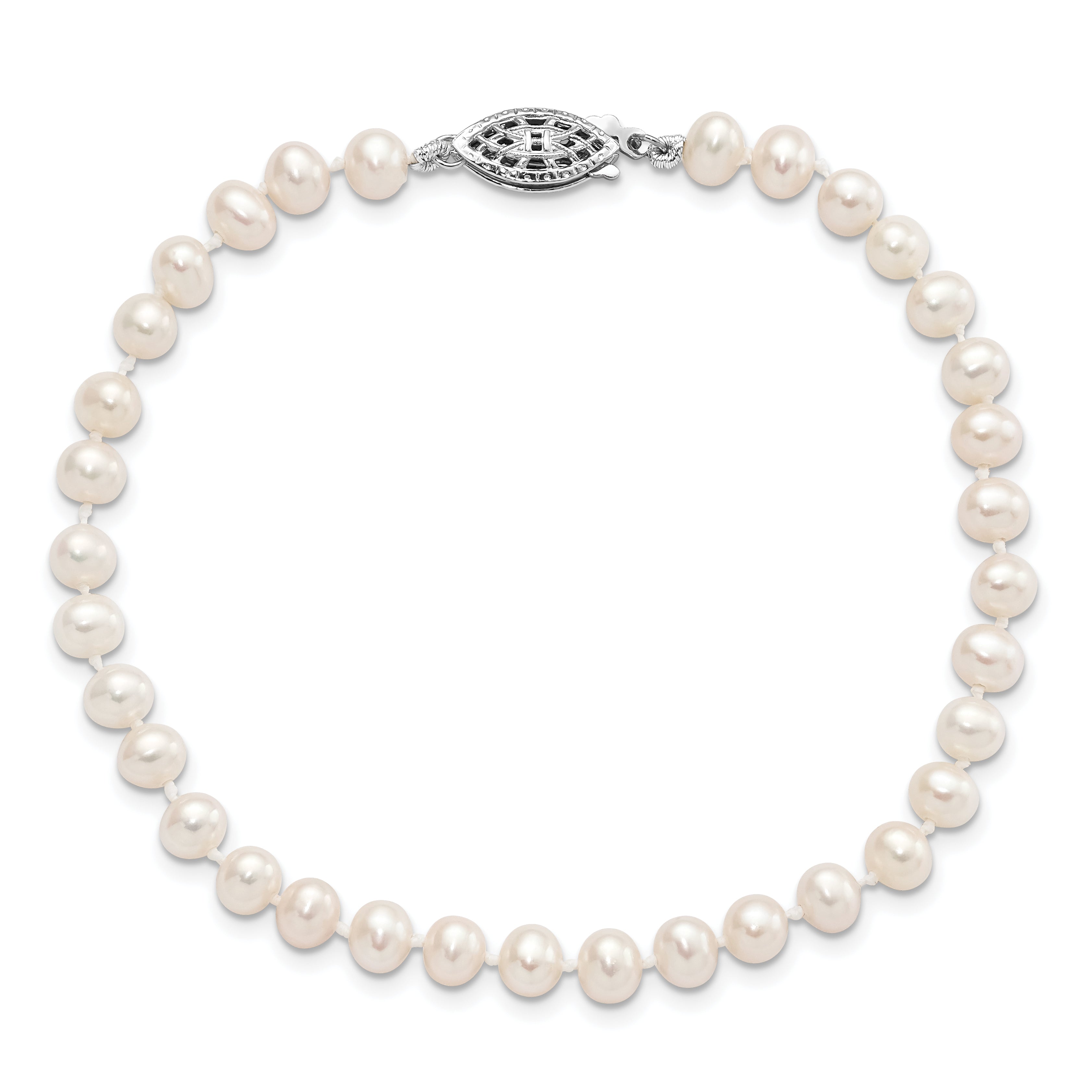 7.25 Inch Sterling Silver Rhodium 4-5mm White Fwc Pearl Bracelet