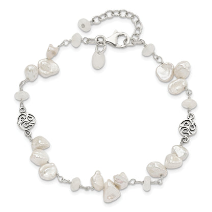 7.5 Inch Sterling Silver Fwc Keshi Pearl W/Moonstone 1In Ext. Fancy Bracelet