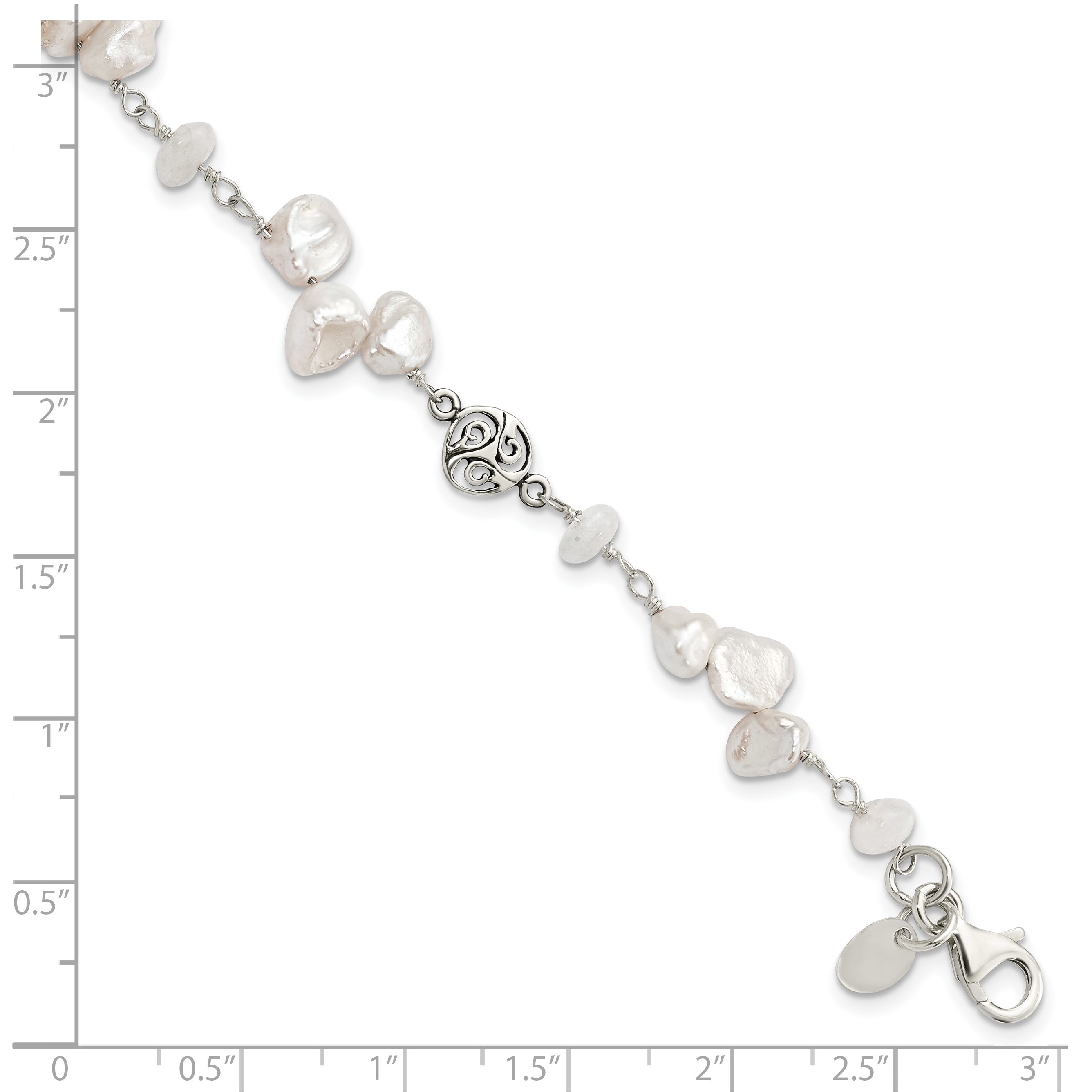 7.5 Inch Sterling Silver Fwc Keshi Pearl W/Moonstone 1In Ext. Fancy Bracelet