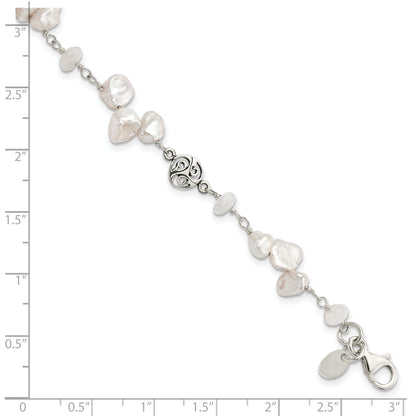 7.5 Inch Sterling Silver Fwc Keshi Pearl W/Moonstone 1In Ext. Fancy Bracelet