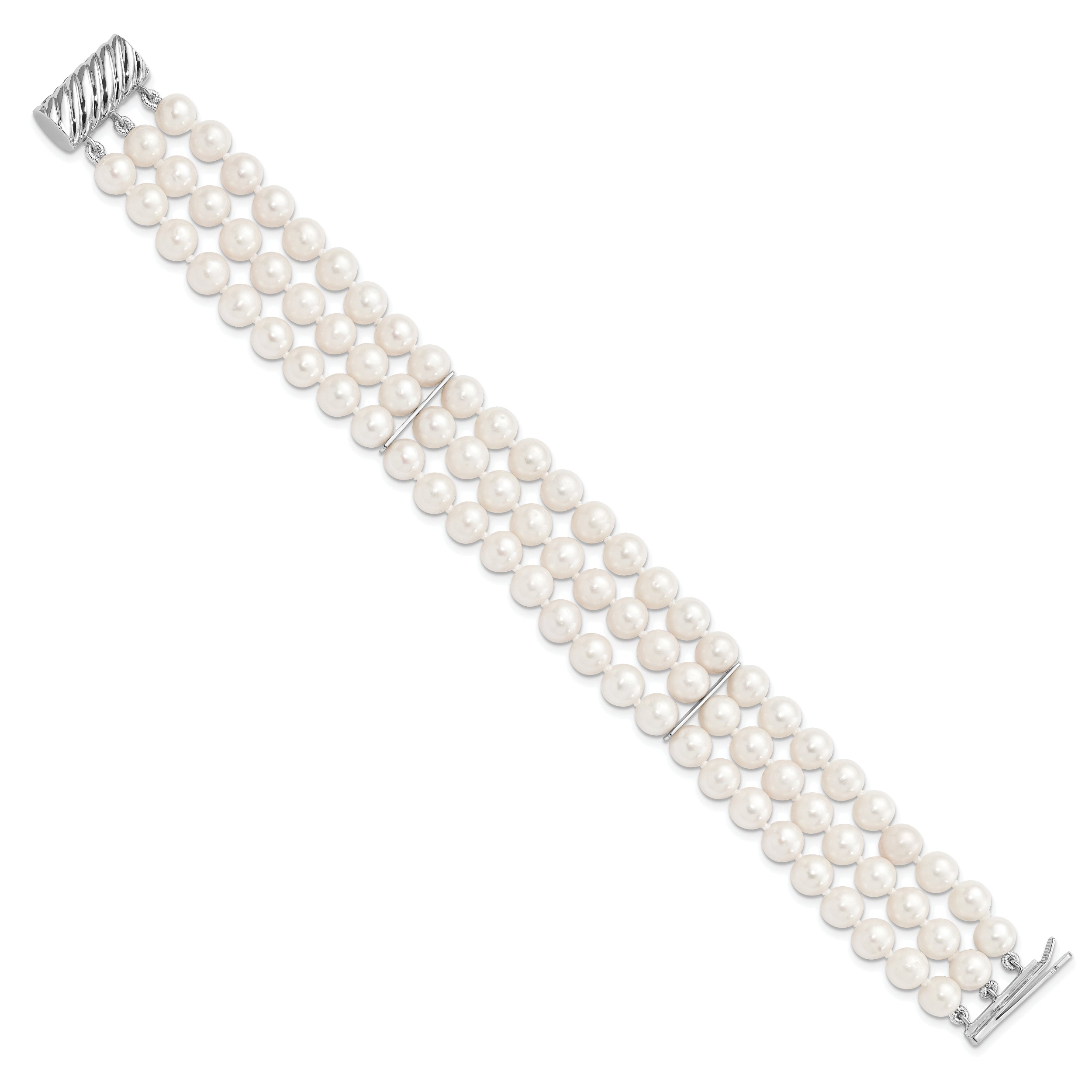 7 Inch Sterling Silver Rhodium-Plt 6-7mm White Fwc Pearl 3 Strand Bracelet