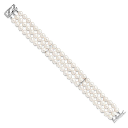 7 Inch Sterling Silver Rhodium-Plt 6-7mm White Fwc Pearl 3 Strand Bracelet