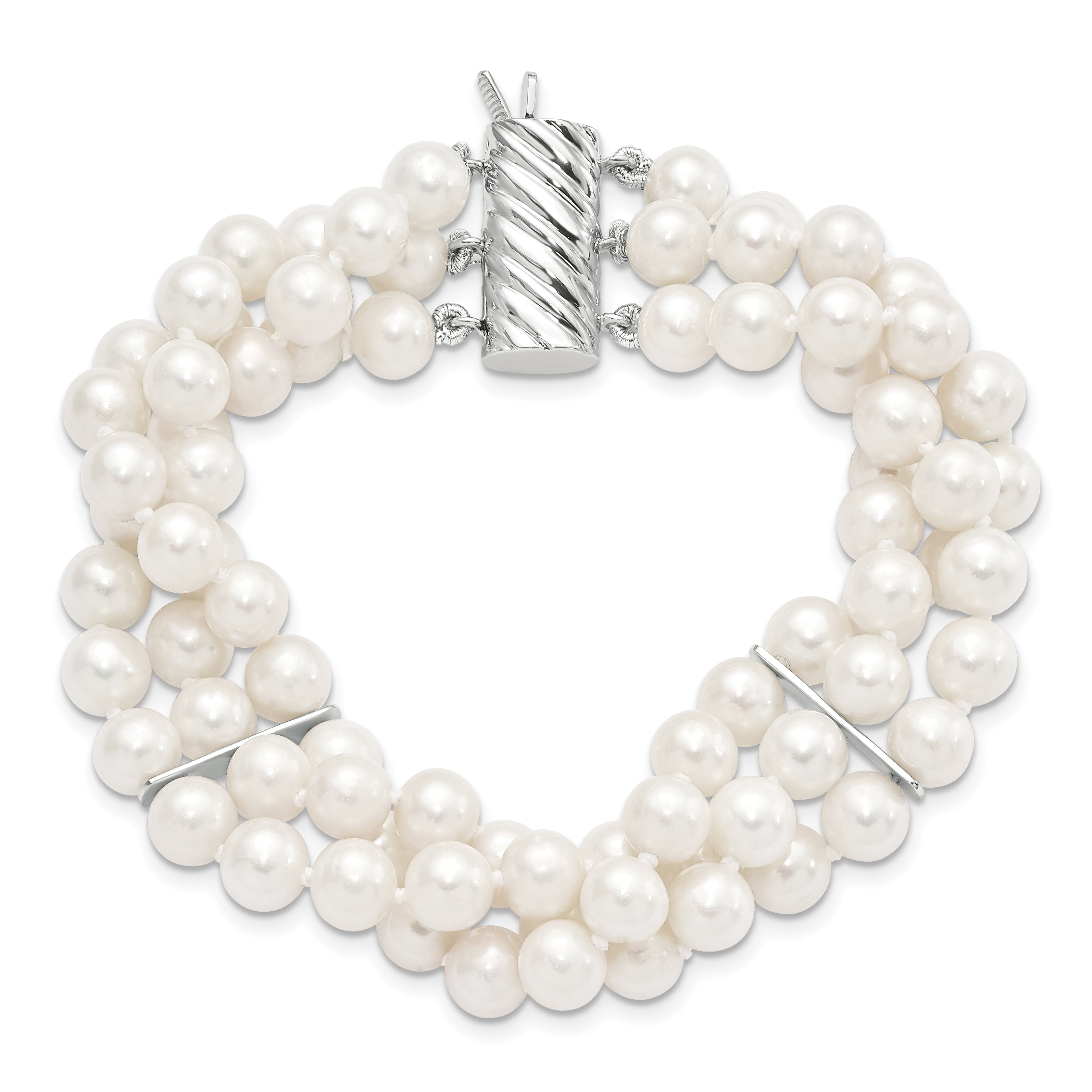 7 Inch Sterling Silver Rhodium-Plt 6-7mm White Fwc Pearl 3 Strand Bracelet
