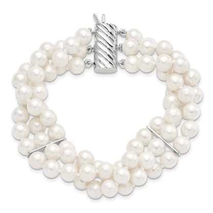 7 Inch Sterling Silver Rhodium-Plt 6-7mm White Fwc Pearl 3 Strand Bracelet