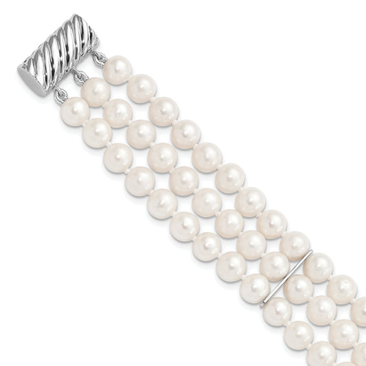 7 Inch Sterling Silver Rhodium-Plt 6-7mm White Fwc Pearl 3 Strand Bracelet