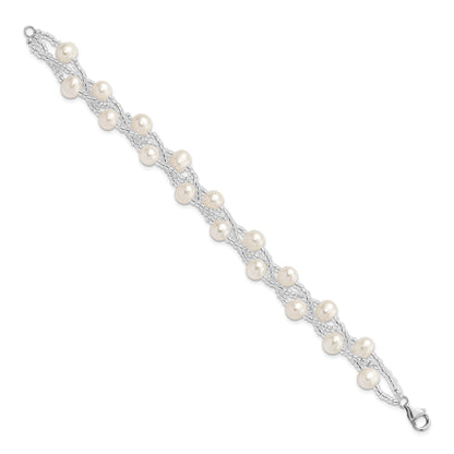 7.5 Inch Sterling Silver Rhodium 7-9mm Fwc Pearl & Glass Beaded Multi-Strnd Bracelet