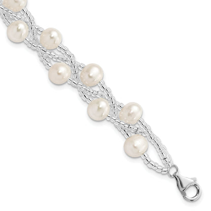 7.5 Inch Sterling Silver Rhodium 7-9mm Fwc Pearl & Glass Beaded Multi-Strnd Bracelet