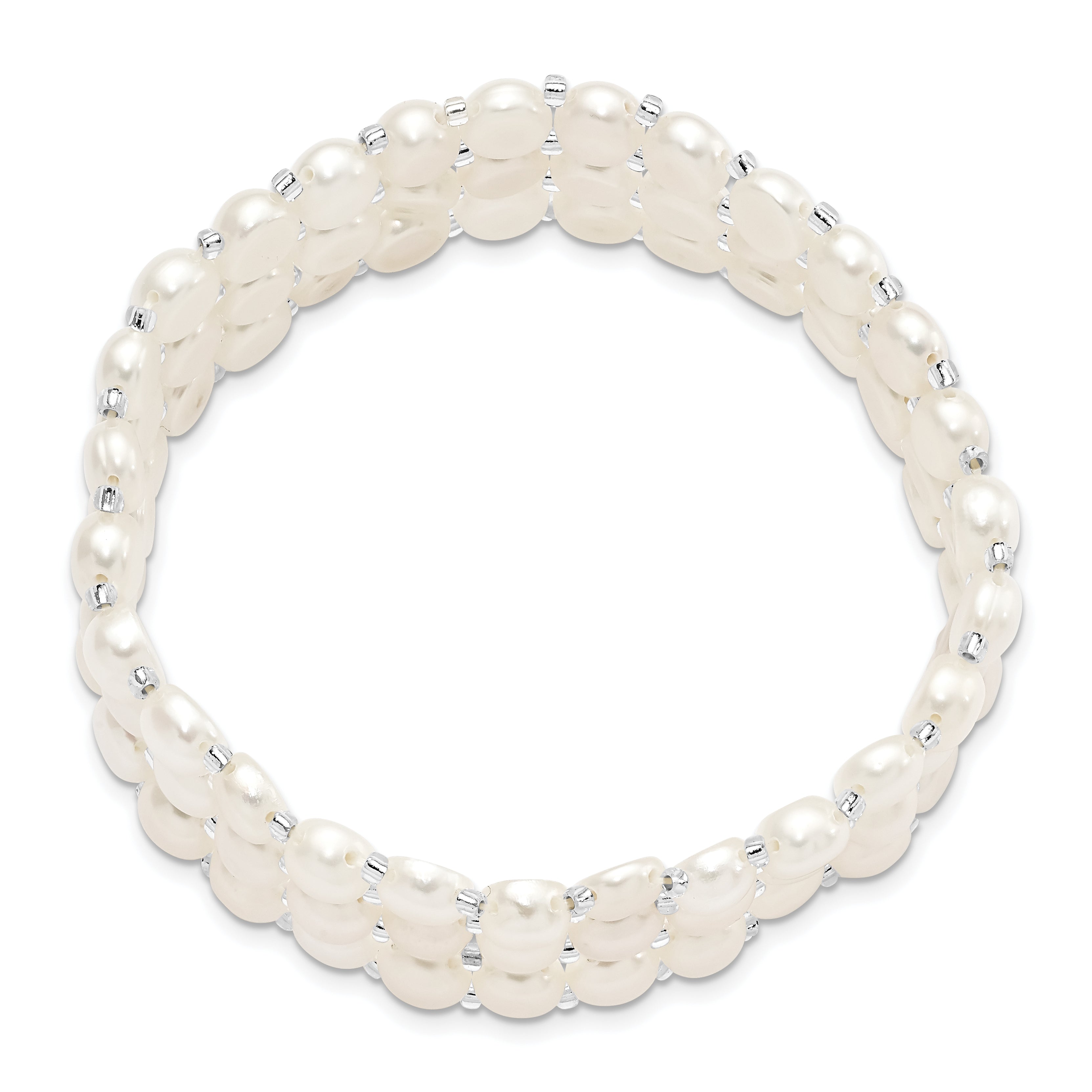 Fashion 6-7mm White Button Freshwater Cultured Pearl And Glass Beaded 3-Row Stretch Bracelet