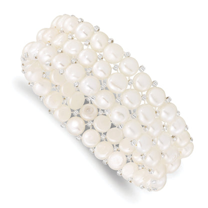 Fashion 6-7mm White Button Freshwater Cultured Pearl And Glass Beaded 3-Row Stretch Bracelet