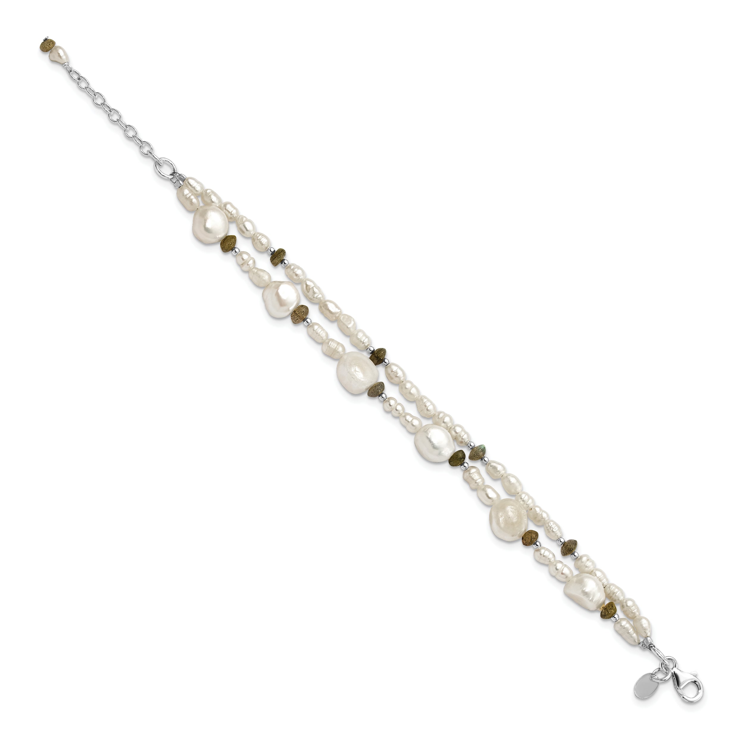 8 Inch Sterling Silver Labradorite & Freshwater Cultured Pearl 2-Strand W/1In Ext. Bracelet