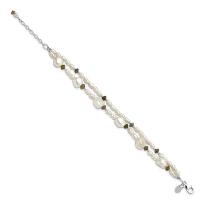 8 Inch Sterling Silver Labradorite & Freshwater Cultured Pearl 2-Strand W/1In Ext. Bracelet