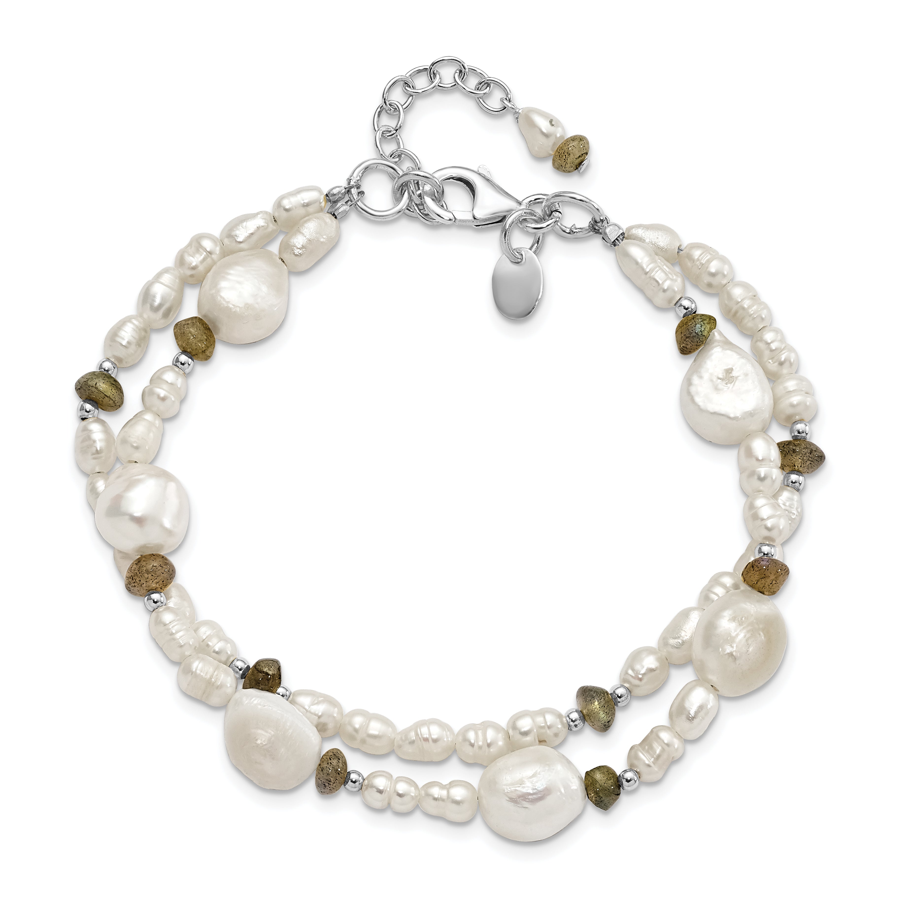 8 Inch Sterling Silver Labradorite & Freshwater Cultured Pearl 2-Strand W/1In Ext. Bracelet