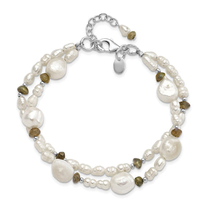 8 Inch Sterling Silver Labradorite & Freshwater Cultured Pearl 2-Strand W/1In Ext. Bracelet