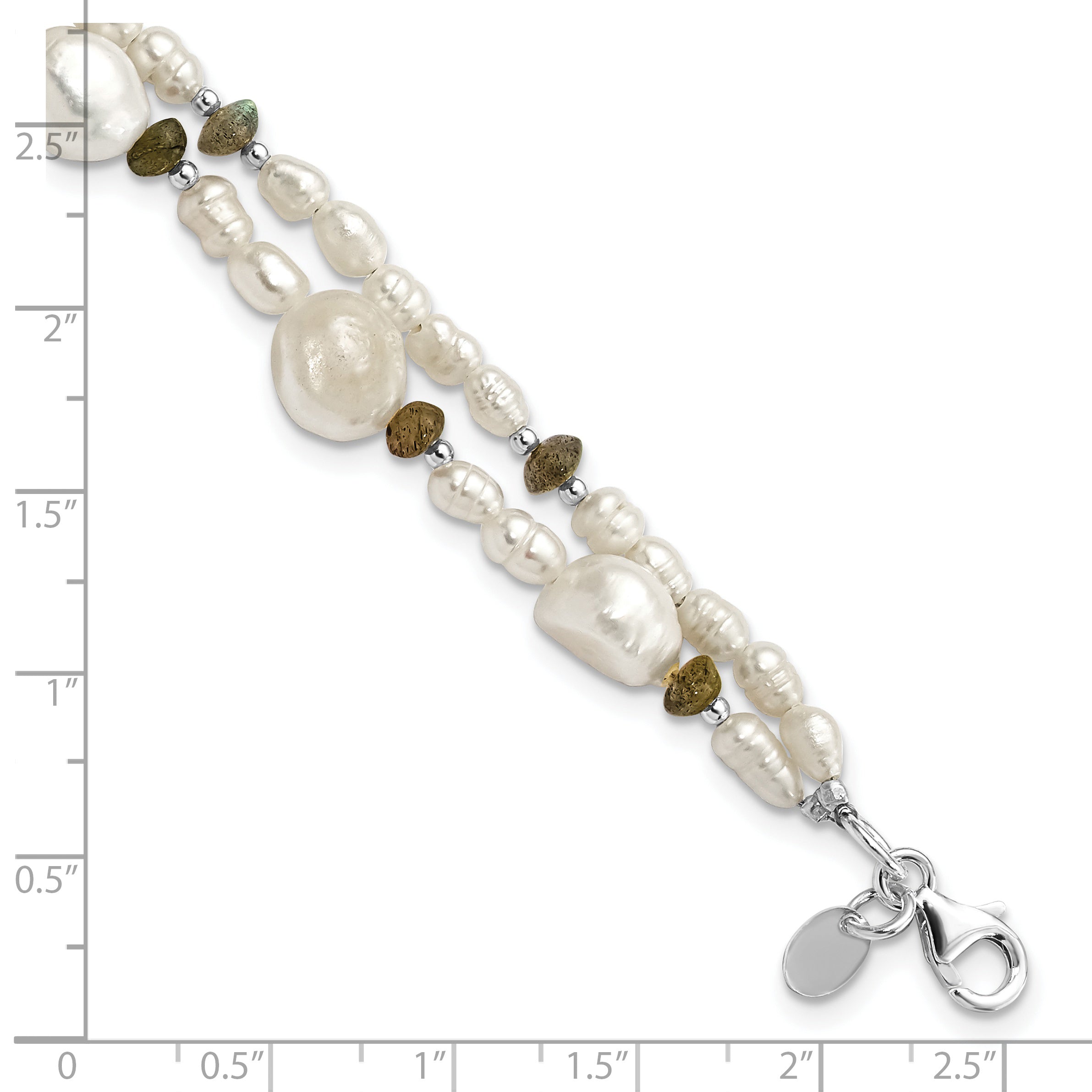 8 Inch Sterling Silver Labradorite & Freshwater Cultured Pearl 2-Strand W/1In Ext. Bracelet