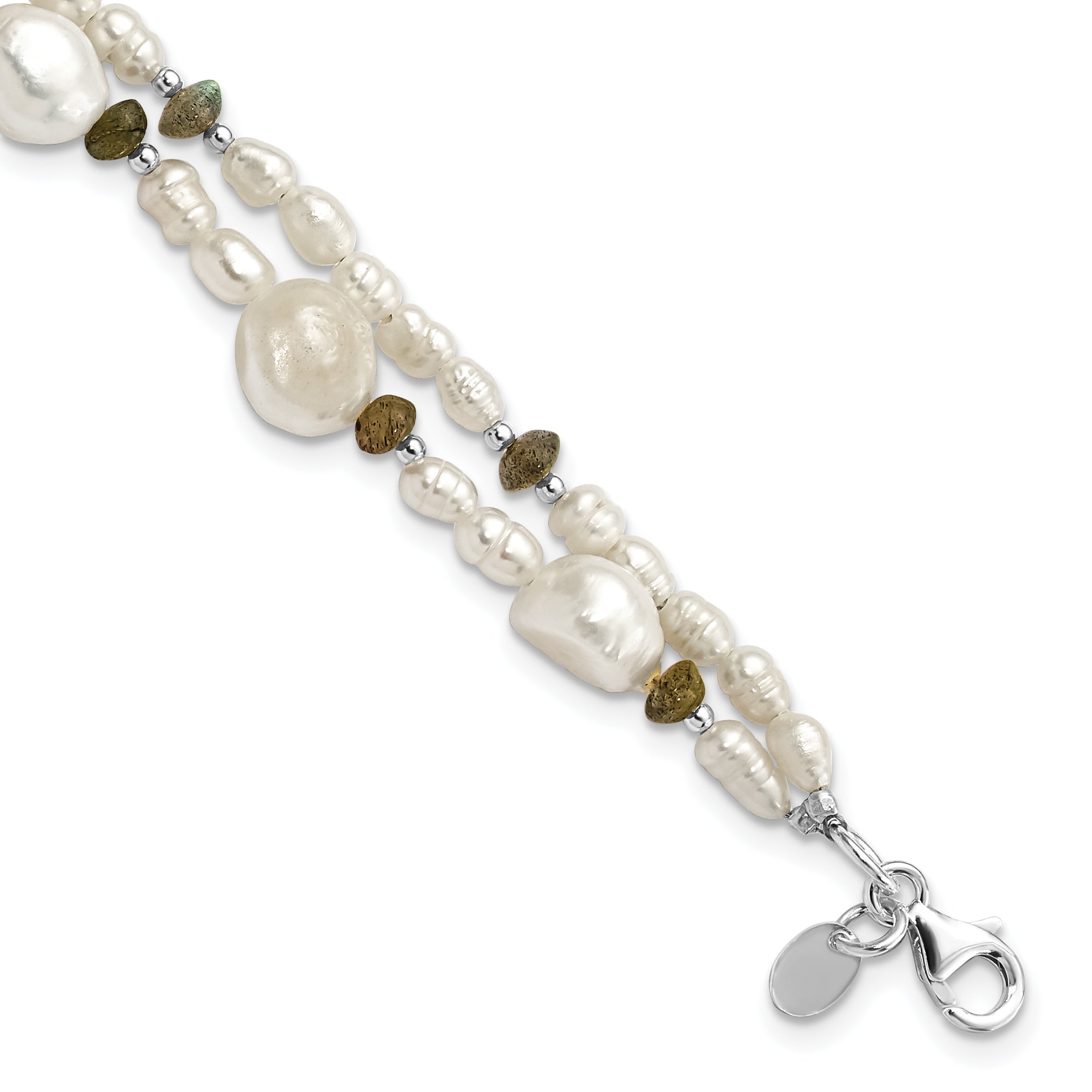 8 Inch Sterling Silver Labradorite & Freshwater Cultured Pearl 2-Strand W/1In Ext. Bracelet
