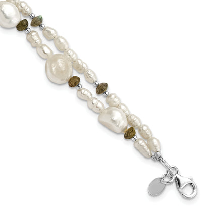 8 Inch Sterling Silver Labradorite & Freshwater Cultured Pearl 2-Strand W/1In Ext. Bracelet