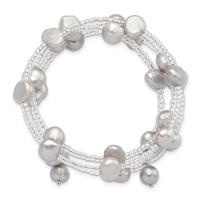 Fashion 8-9mm Grey Baroque Freshwater Cultured Pearl And Glass Beaded Wrap Bracelet