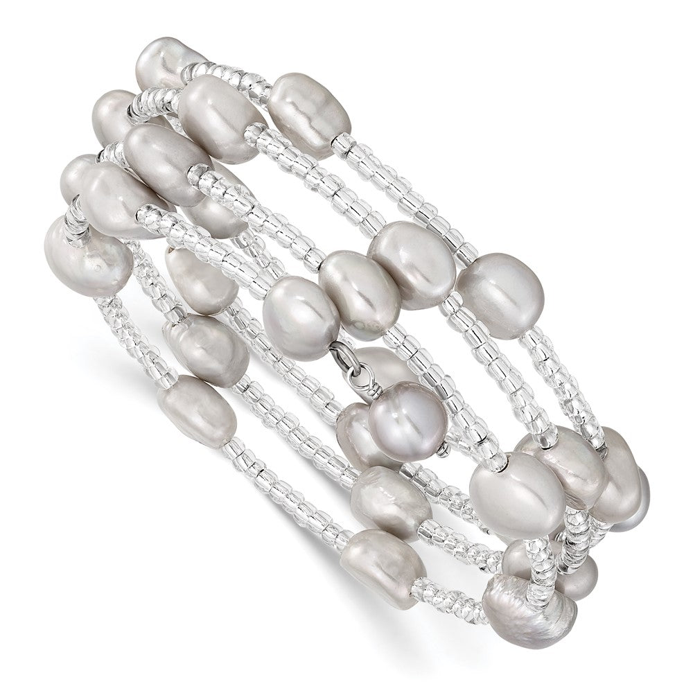 Fashion 8-9mm Grey Baroque Freshwater Cultured Pearl And Glass Beaded Wrap Bracelet
