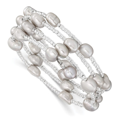 Fashion 8-9mm Grey Baroque Freshwater Cultured Pearl And Glass Beaded Wrap Bracelet