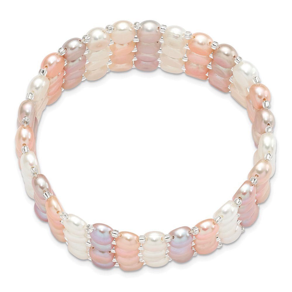 7 Inch 6-7mm White/Pink/Purple Button Freshwater Cultured Pearl And Glass Beaded 4-Row Stretch Bracelet