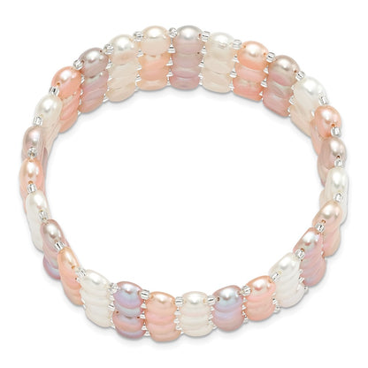 7 Inch 6-7mm White/Pink/Purple Button Freshwater Cultured Pearl And Glass Beaded 4-Row Stretch Bracelet