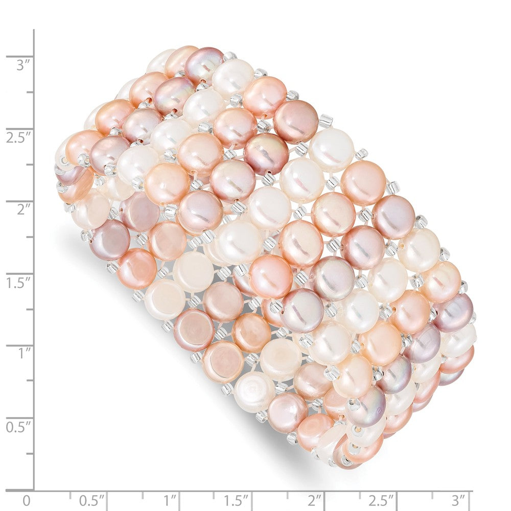 7 Inch 6-7mm White/Pink/Purple Button Freshwater Cultured Pearl And Glass Beaded 4-Row Stretch Bracelet