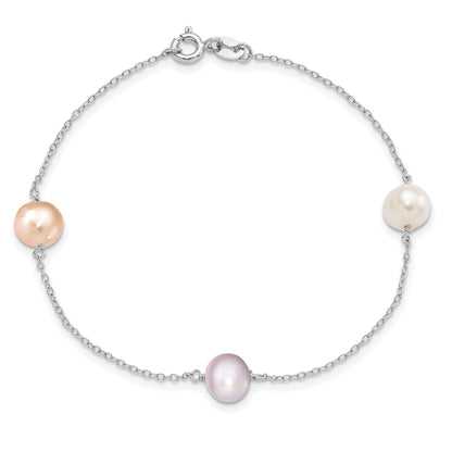7.5 Inch Sterling Silver Rh-P 3-Stat 7-8M Wht/Pink/Pur Semi-Round Fwc Pearl Bracelet