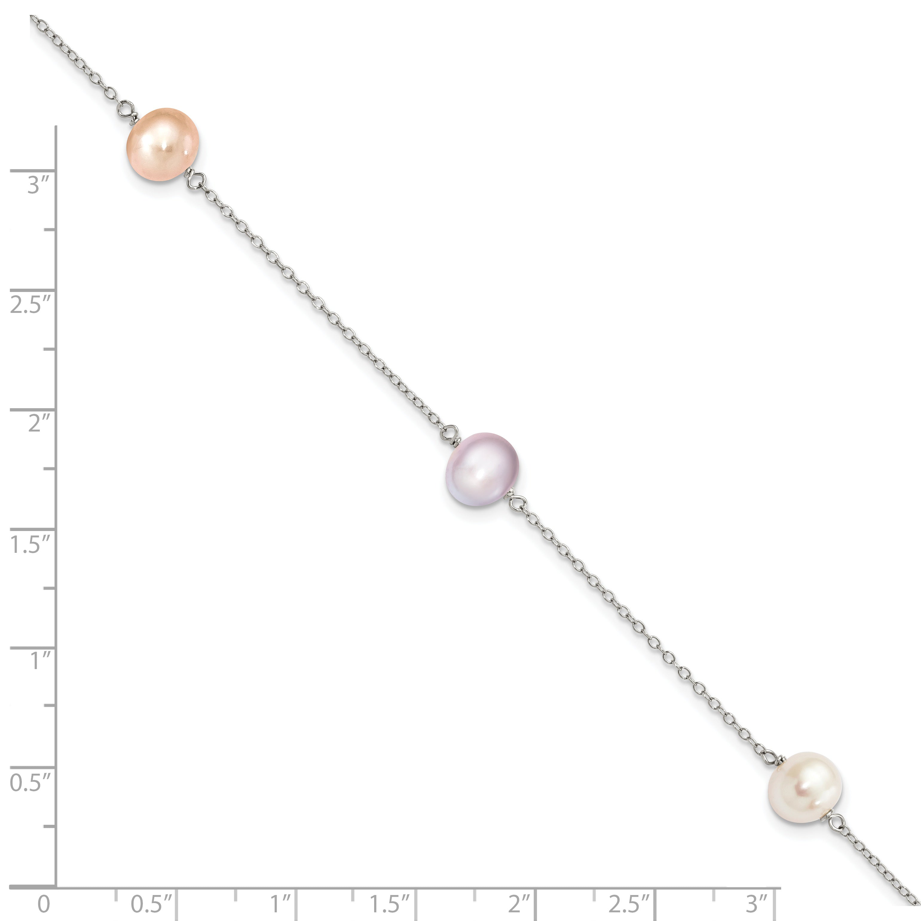 7.5 Inch Sterling Silver Rh-P 3-Stat 7-8M Wht/Pink/Pur Semi-Round Fwc Pearl Bracelet