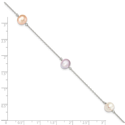 7.5 Inch Sterling Silver Rh-P 3-Stat 7-8M Wht/Pink/Pur Semi-Round Fwc Pearl Bracelet