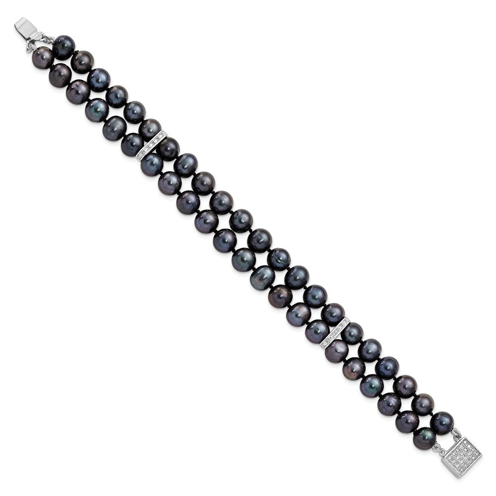 7.5 Inch Sterling Silver Rh 7-8mm Black Fwc Pearl Cz 2-Strand Bracelet