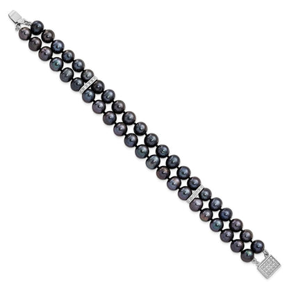 7.5 Inch Sterling Silver Rh 7-8mm Black Fwc Pearl Cz 2-Strand Bracelet