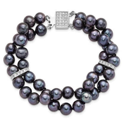 7.5 Inch Sterling Silver Rh 7-8mm Black Fwc Pearl Cz 2-Strand Bracelet