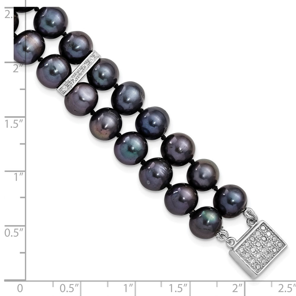 7.5 Inch Sterling Silver Rh 7-8mm Black Fwc Pearl Cz 2-Strand Bracelet