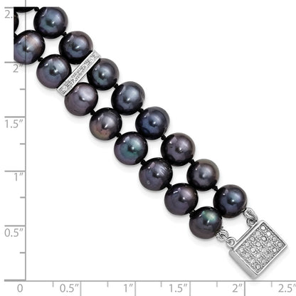 7.5 Inch Sterling Silver Rh 7-8mm Black Fwc Pearl Cz 2-Strand Bracelet