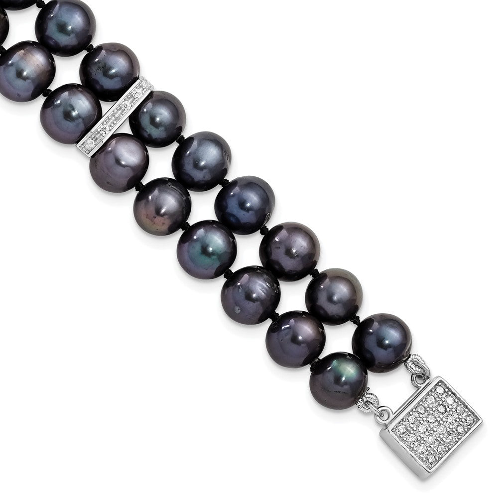 7.5 Inch Sterling Silver Rh 7-8mm Black Fwc Pearl Cz 2-Strand Bracelet