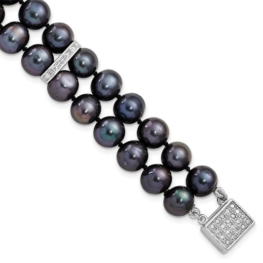 7.5 Inch Sterling Silver Rh 7-8mm Black Fwc Pearl Cz 2-Strand Bracelet