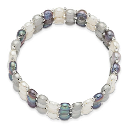 Fashion 6-7mm White/Grey/Black Button Freshwater Cultured Pearl And Glass Beaded 3-Row Stretch Bracelet