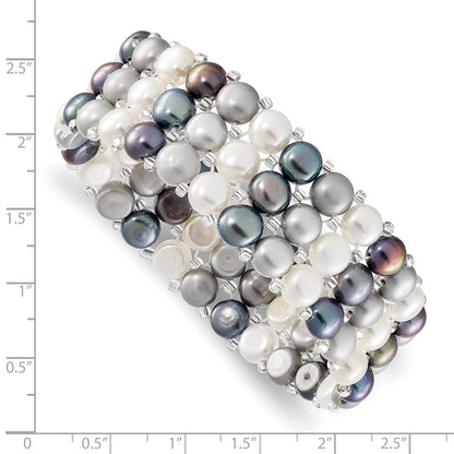 Fashion 6-7mm White/Grey/Black Button Freshwater Cultured Pearl And Glass Beaded 3-Row Stretch Bracelet