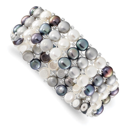 Fashion 6-7mm White/Grey/Black Button Freshwater Cultured Pearl And Glass Beaded 3-Row Stretch Bracelet