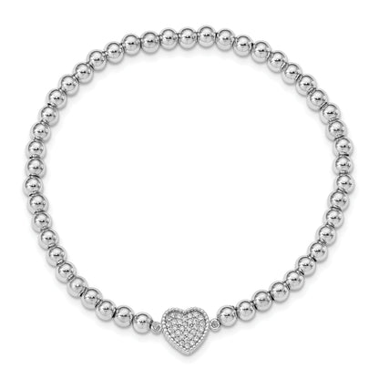 7 Inch Sterling Silver Rhodium-Plated Polished Beaded Cz Heart Stretch Bracelet