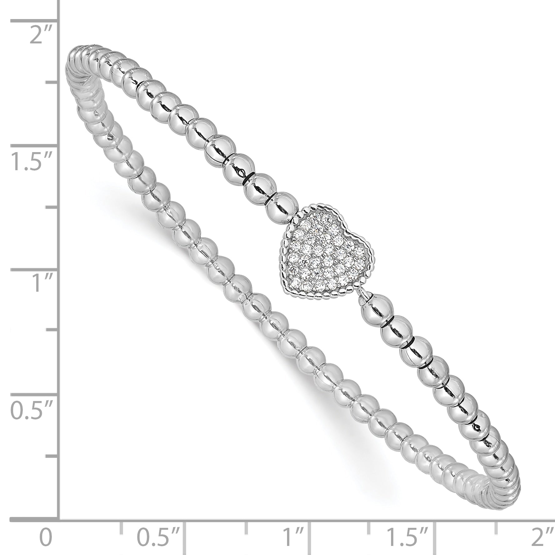 7 Inch Sterling Silver Rhodium-Plated Polished Beaded Cz Heart Stretch Bracelet