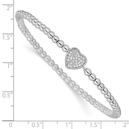 7 Inch Sterling Silver Rhodium-Plated Polished Beaded Cz Heart Stretch Bracelet